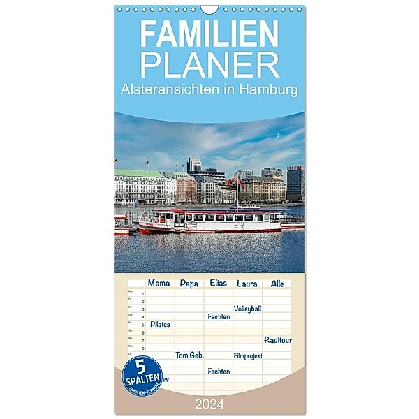 Familienplaner 2024 - Alsteransichten in Hamburg mit 5 Spalten (Wandkalender, 21 x 45 cm) CALVENDO, Sarnade