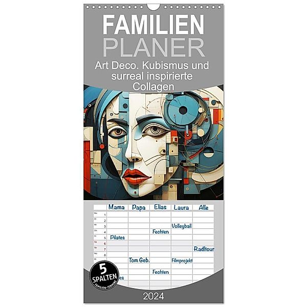 Familienplaner 2024 - Art Deco. Kubismus und surreal inspirierte Collagen mit 5 Spalten (Wandkalender, 21 x 45 cm) CALVENDO, Rose Hurley