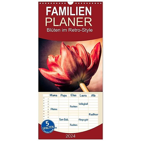 Familienplaner 2024 - Blüten im Retro-Style mit 5 Spalten (Wandkalender, 21 x 45 cm) CALVENDO, Ursula Fleiss und Karsten Schütt