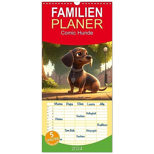 Familienplaner 2024 - Comic Hunde mit 5 Spalten (Wandkalender, 21 x 45 cm) CALVENDO, Dirk Meutzner