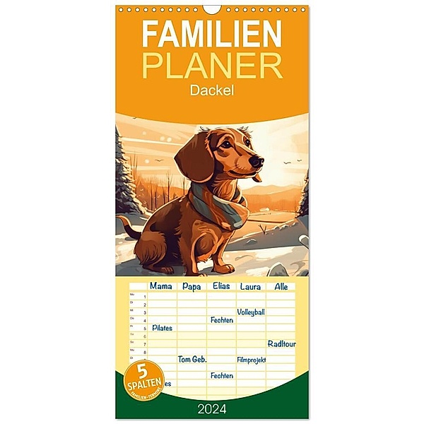 Familienplaner 2024 - Dackel mit 5 Spalten (Wandkalender, 21 x 45 cm) CALVENDO, Tim Alberts