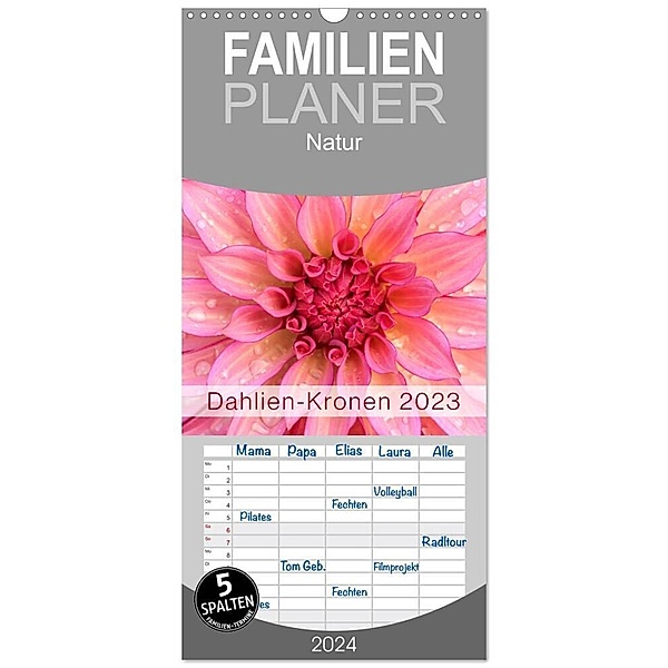 Familienplaner 2024 - Dahlien-Kronen mit 5 Spalten (Wandkalender, 21 x 45 cm) CALVENDO, Rainer Plett