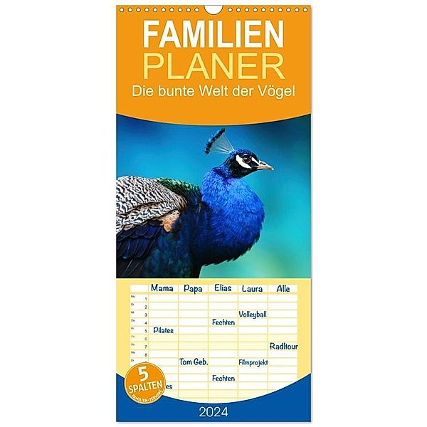 Familienplaner 2024 - Die bunte Welt der Vögel mit 5 Spalten (Wandkalender, 21 x 45 cm) CALVENDO, Martina Fornal