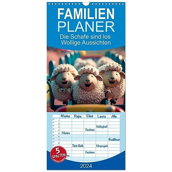 Familienplaner 2024 - Die Schafe sind los Wollige Aussichten mit 5 Spalten (Wandkalender, 21 x 45 cm) CALVENDO, artefacti