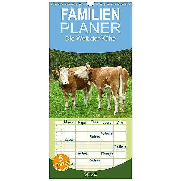 Familienplaner 2024 - Die Welt der Kühe mit 5 Spalten (Wandkalender, 21 x 45 cm) CALVENDO, Kattobello