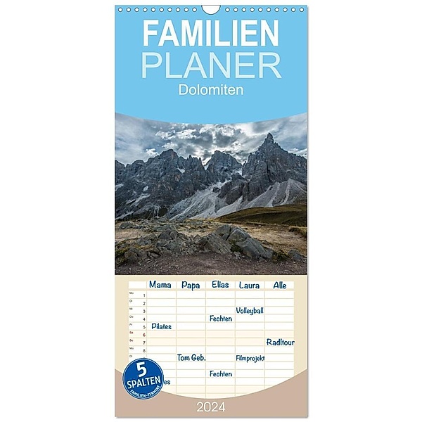 Familienplaner 2024 - Dolomiten mit 5 Spalten (Wandkalender, 21 x 45 cm) CALVENDO, Roman Burri