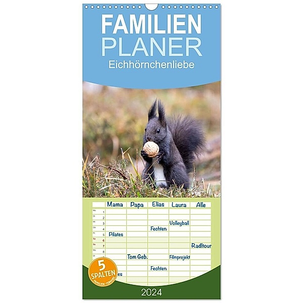 Familienplaner 2024 - Eichhörnchenliebe mit 5 Spalten (Wandkalender, 21 x 45 cm) CALVENDO, Teresa Bauer