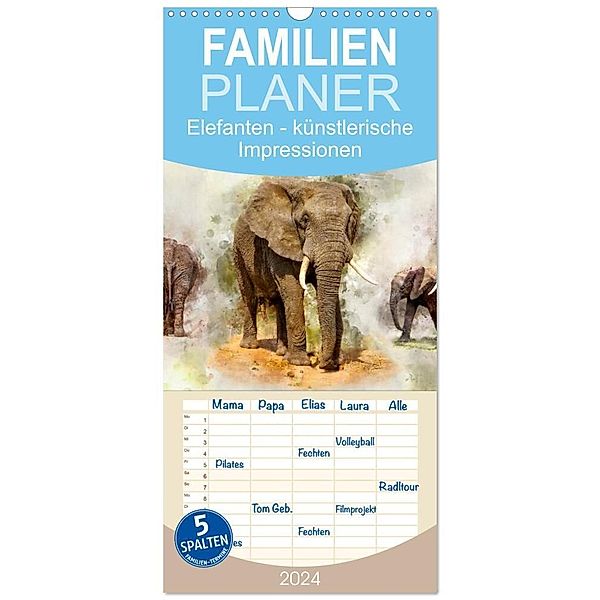 Familienplaner 2024 - Elefanten - künstlerische Impressionen der grössten noch lebenden Landtiere mit 5 Spalten (Wandkalender, 21 x 45 cm) CALVENDO, Peter Roder