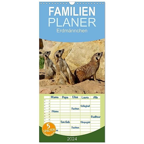 Familienplaner 2024 - Erdmännchen mit 5 Spalten (Wandkalender, 21 x 45 cm) CALVENDO, Heike Hultsch
