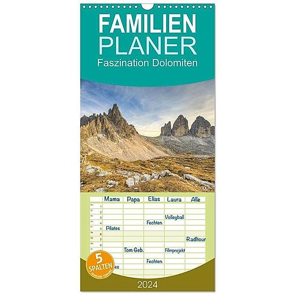 Familienplaner 2024 - Faszination Dolomiten mit 5 Spalten (Wandkalender, 21 x 45 cm) CALVENDO, Michael Valjak