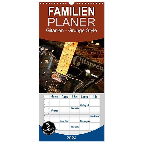 Familienplaner 2024 - Gitarren - Grunge Style mit 5 Spalten (Wandkalender, 21 x 45 cm) CALVENDO, Renate Bleicher