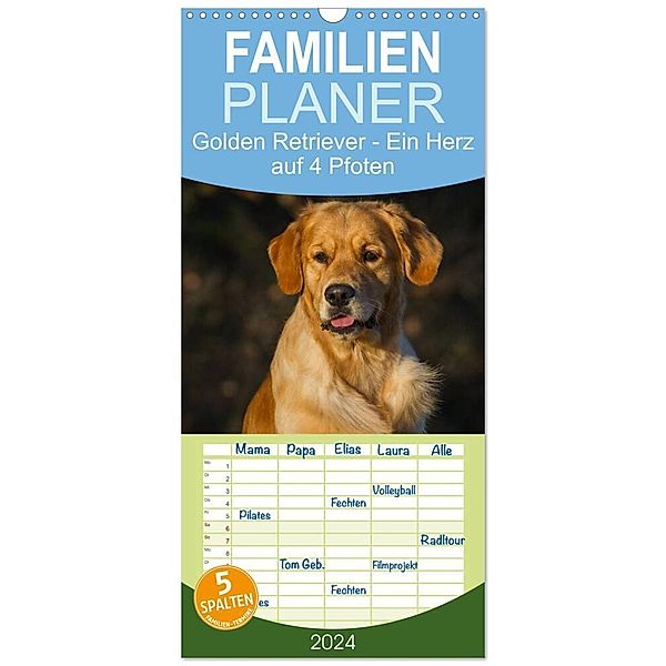 Familienplaner 2024 - Golden Retriever - Ein Herz auf 4 Pfoten mit 5 Spalten (Wandkalender, 21 x 45 cm) CALVENDO, Sigrid Starick