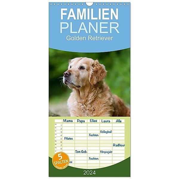 Familienplaner 2024 - Golden Retriever mit 5 Spalten (Wandkalender, 21 x 45 cm) CALVENDO, Nicole Noack