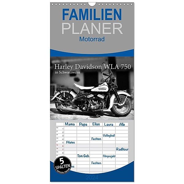 Familienplaner 2024 - Harley Davidson WLA 750 in Schwarzweiss mit 5 Spalten (Wandkalender, 21 x 45 cm) CALVENDO, Ingo Laue