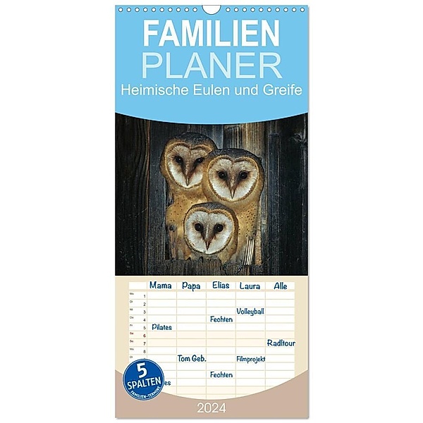 Familienplaner 2024 - Heimische Eulen und Greife mit 5 Spalten (Wandkalender, 21 x 45 cm) CALVENDO, Günter Bachmeier