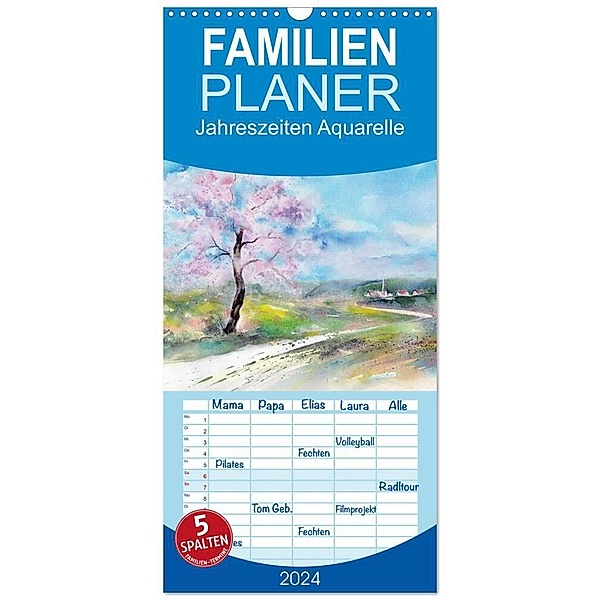 Familienplaner 2024 - Jahreszeiten Aquarelle mit 5 Spalten (Wandkalender, 21 x 45 cm) CALVENDO, Jitka Krause