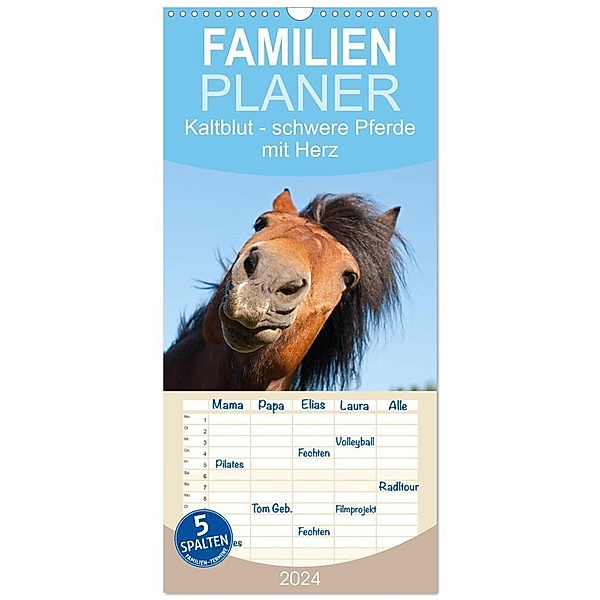 Familienplaner 2024 - Kaltblut - schwere Pferde mit Herz mit 5 Spalten (Wandkalender, 21 x 45 cm) CALVENDO, Meike Bölts