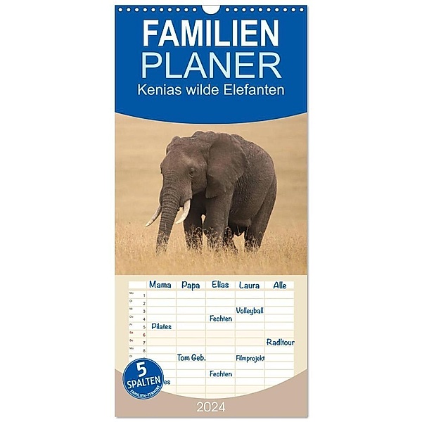 Familienplaner 2024 - Kenias wilde Elefanten mit 5 Spalten (Wandkalender, 21 x 45 cm) CALVENDO, Andreas Demel