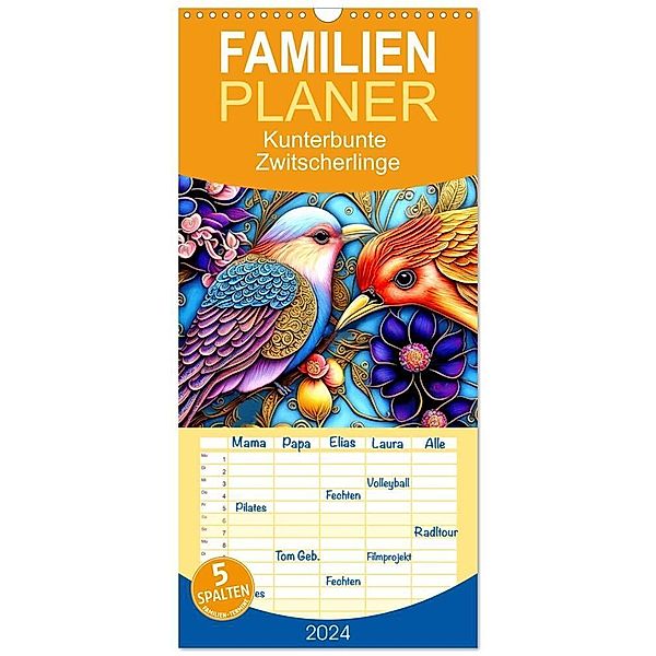 Familienplaner 2024 - Kunterbunte Zwitscherlinge mit 5 Spalten (Wandkalender, 21 x 45 cm) CALVENDO, Garrulus glandarius