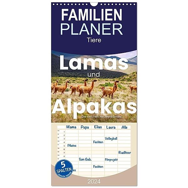 Familienplaner 2024 - Lamas und Alpakas - Die weichen Neuweltkamele. mit 5 Spalten (Wandkalender, 21 x 45 cm) CALVENDO, SF