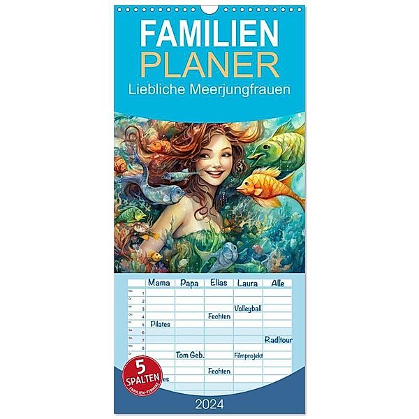 Familienplaner 2024 - Liebliche Meerjungfrauen mit 5 Spalten (Wandkalender, 21 x 45 cm) CALVENDO, Sabine Löwer
