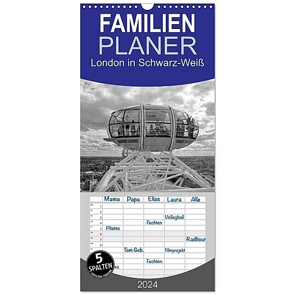 Familienplaner 2024 - London in Schwarz-Weiß mit 5 Spalten (Wandkalender, 21 x 45 cm) CALVENDO, Frank Brehm