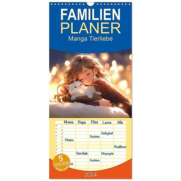 Familienplaner 2024 - Manga Tierliebe mit 5 Spalten (Wandkalender, 21 x 45 cm) CALVENDO, Kerstin Waurick