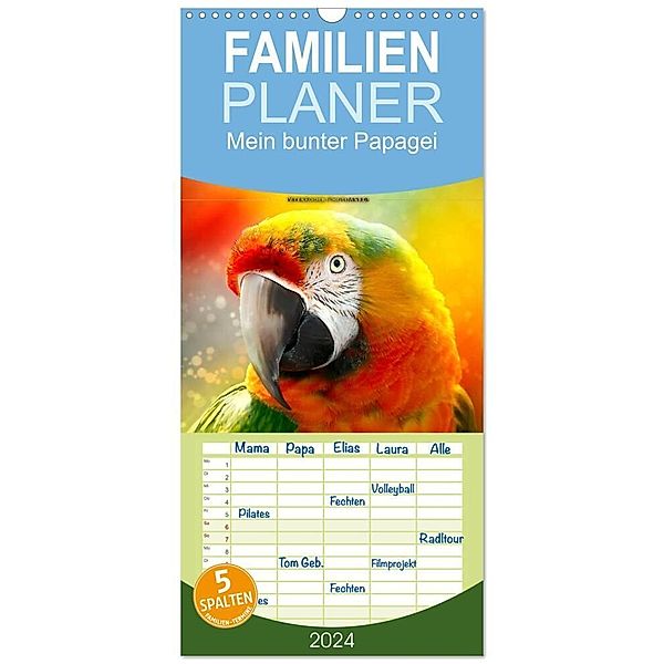 Familienplaner 2024 - Mein bunter Papagei mit 5 Spalten (Wandkalender, 21 x 45 cm) CALVENDO, Peter Roder