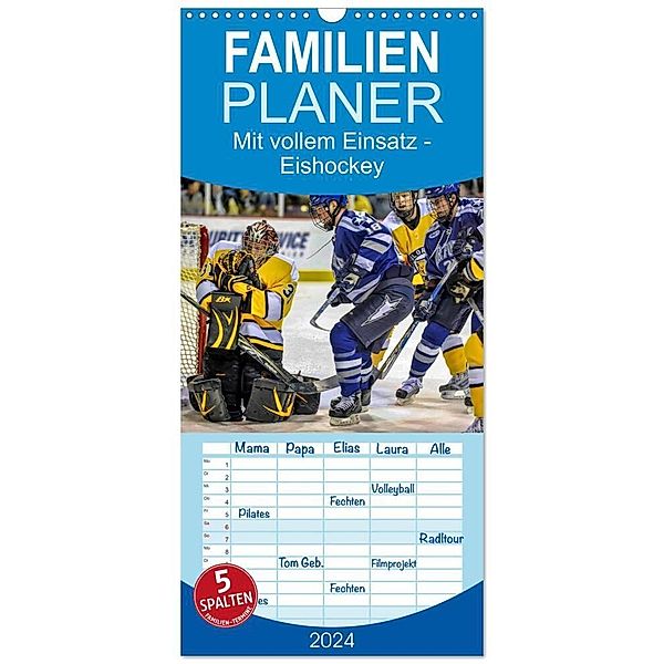 Familienplaner 2024 - Mit vollem Einsatz - Eishockey mit 5 Spalten (Wandkalender, 21 x 45 cm) CALVENDO, Peter Roder