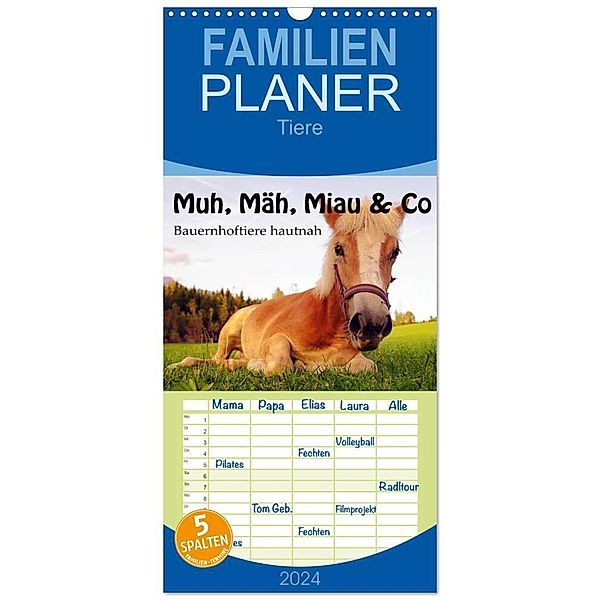 Familienplaner 2024 - Muh, Mäh, Miau & Co mit 5 Spalten (Wandkalender, 21 x 45 cm) CALVENDO, Leon