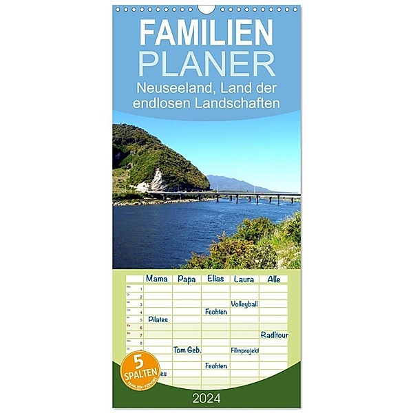 Familienplaner 2024 - Neuseeland, Land der endlosen Landschaften mit 5 Spalten (Wandkalender, 21 x 45 cm) CALVENDO, Christian Bosse