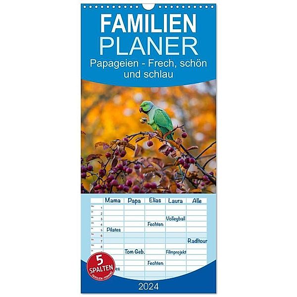 Familienplaner 2024 - Papageien - Frech, schön und schlau mit 5 Spalten (Wandkalender, 21 x 45 cm) CALVENDO, Michael Voß