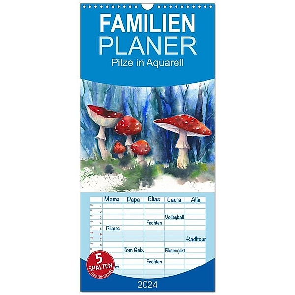 Familienplaner 2024 - Pilze in Aquarell mit 5 Spalten (Wandkalender, 21 x 45 cm) CALVENDO, Jitka Krause