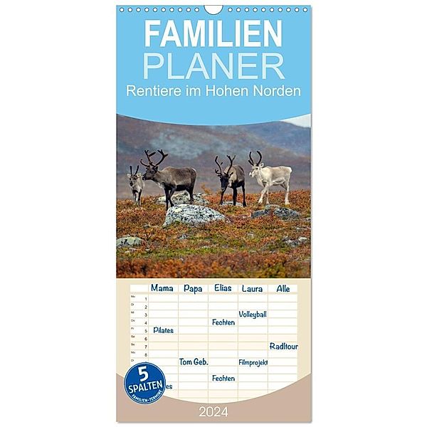 Familienplaner 2024 - Rentiere im Hohen Norden mit 5 Spalten (Wandkalender, 21 x 45 cm) CALVENDO, Gugigei