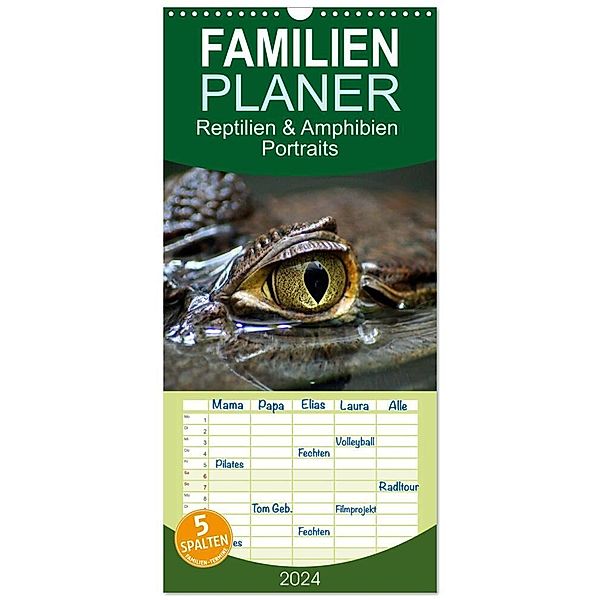 Familienplaner 2024 - Reptilien & Amphibien Portraits mit 5 Spalten (Wandkalender, 21 x 45 cm) CALVENDO, Klaus Vartzbed