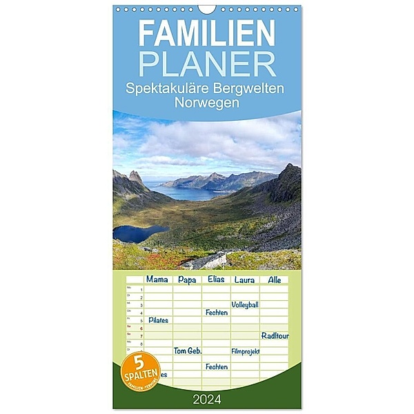 Familienplaner 2024 - Spektakuläre Bergwelten Norwegen mit 5 Spalten (Wandkalender, 21 x 45 cm) CALVENDO, Fotografin Miriam Schwarzfischer