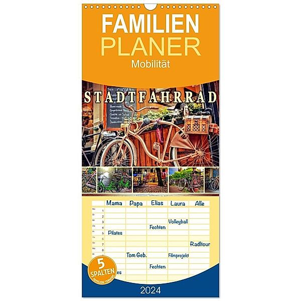 Familienplaner 2024 - Stadtfahrrad mit 5 Spalten (Wandkalender, 21 x 45 cm) CALVENDO, Peter Roder