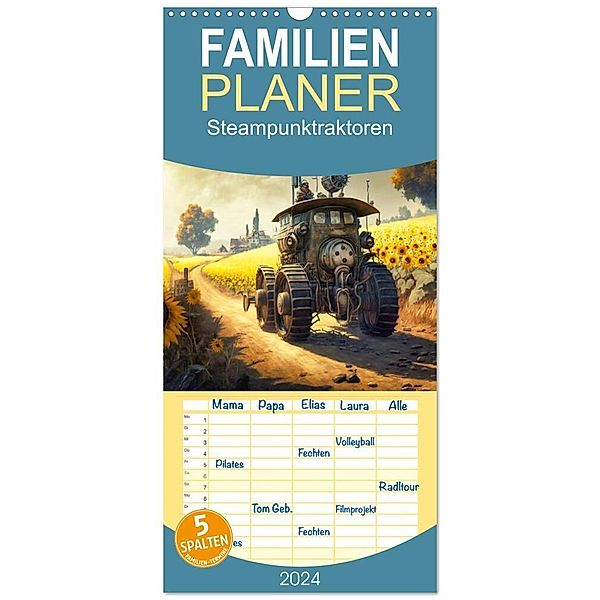 Familienplaner 2024 - Steampunktraktoren mit 5 Spalten (Wandkalender, 21 x 45 cm) CALVENDO, Sabine Löwer