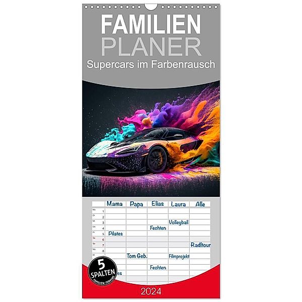 Familienplaner 2024 - Supercars im Farbenrausch mit 5 Spalten (Wandkalender, 21 x 45 cm) CALVENDO, Dirk Meutzner