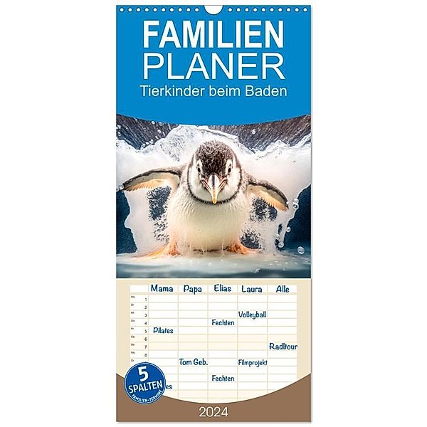 Familienplaner 2024 - Tierkinder beim Baden mit 5 Spalten (Wandkalender, 21 x 45 cm) CALVENDO, Dirk Meutzner