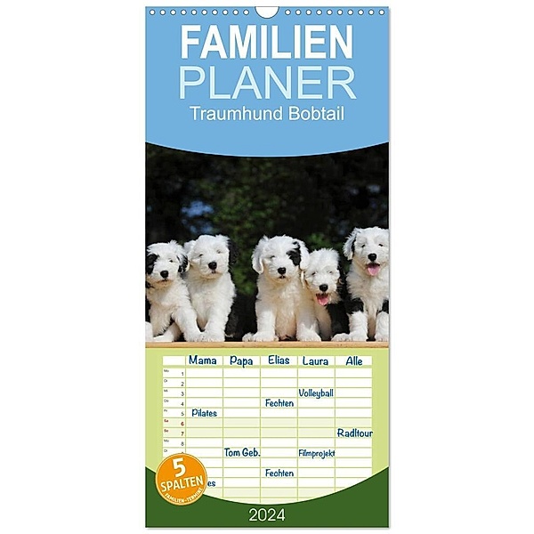 Familienplaner 2024 - Traumhund Bobtail mit 5 Spalten (Wandkalender, 21 x 45 cm) CALVENDO, Sigrid Starick