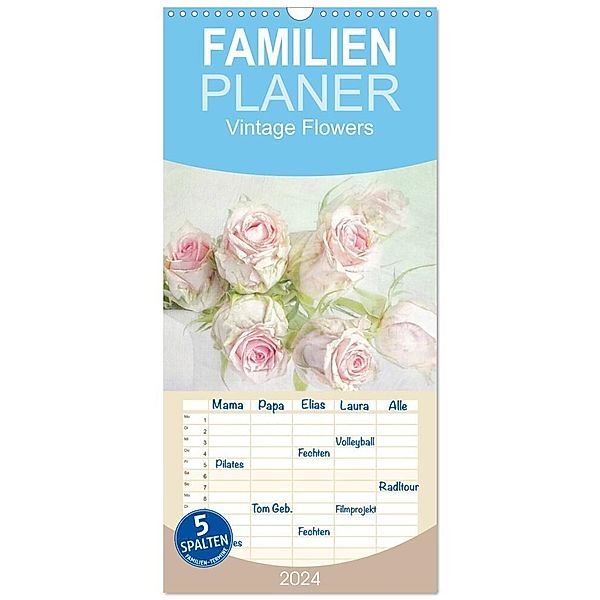 Familienplaner 2024 - Vintage Flowers mit 5 Spalten (Wandkalender, 21 x 45 cm) CALVENDO, Lizzy Pe
