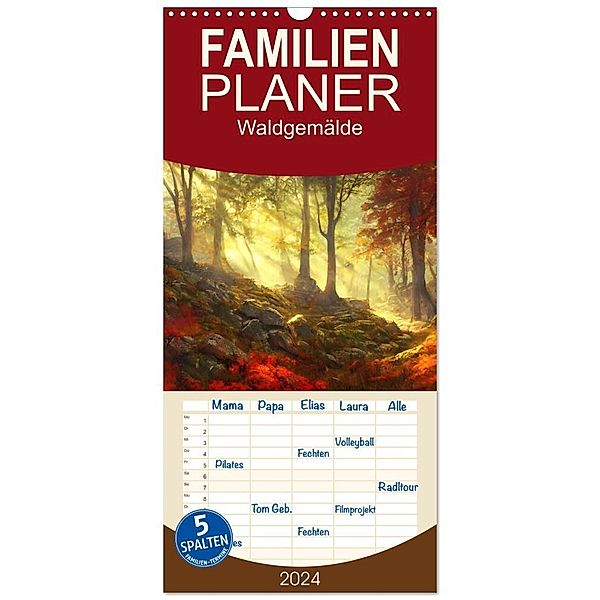 Familienplaner 2024 - Waldgemälde mit 5 Spalten (Wandkalender, 21 x 45 cm) CALVENDO, Sabine Löwer