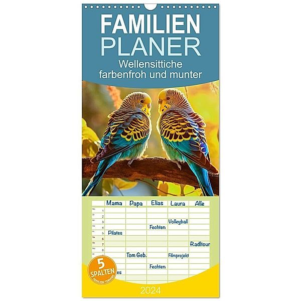 Familienplaner 2024 - Wellensittiche farbenfroh und munter mit 5 Spalten (Wandkalender, 21 x 45 cm) CALVENDO, Peter Roder