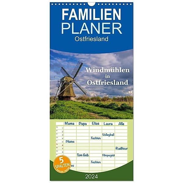 Familienplaner 2024 - Windmühlen in Ostfriesland mit 5 Spalten (Wandkalender, 21 x 45 cm) CALVENDO, LianeM