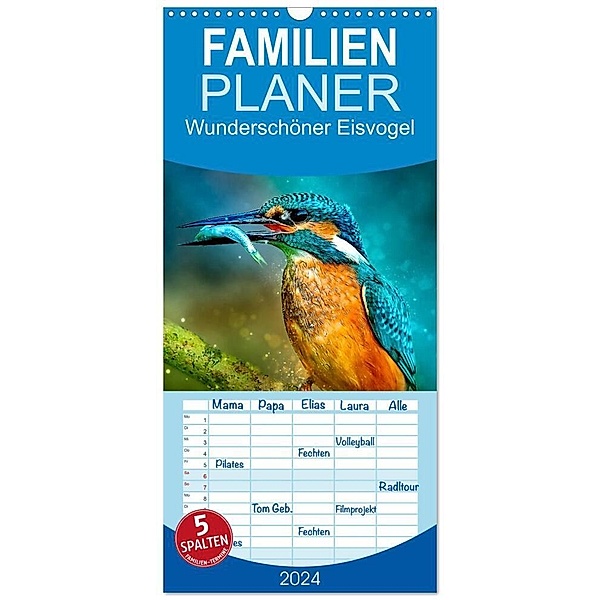 Familienplaner 2024 - Wunderschöner Eisvogel mit 5 Spalten (Wandkalender, 21 x 45 cm) CALVENDO, Peter Roder