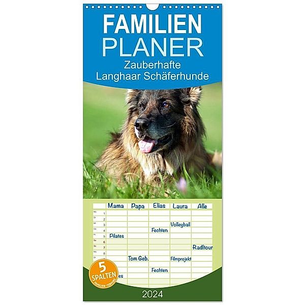 Familienplaner 2024 - Zauberhafte Langhaar Schäferhunde mit 5 Spalten (Wandkalender, 21 x 45 cm) CALVENDO, Petra Schiller