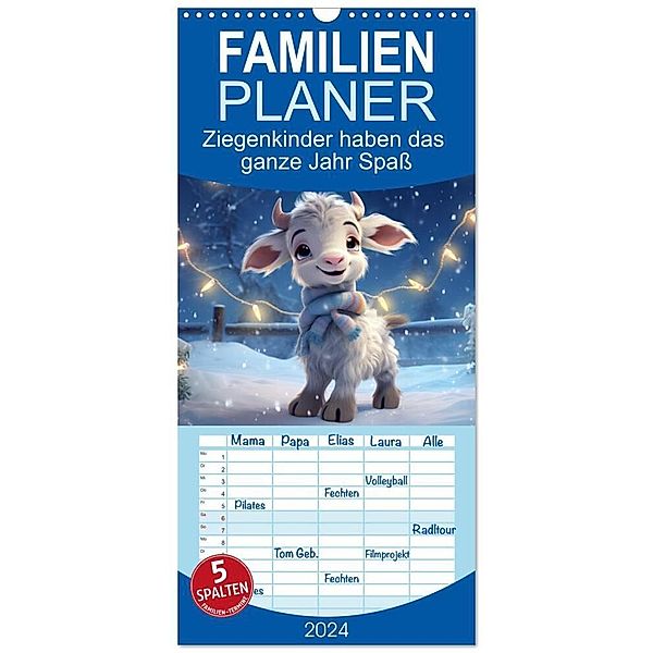 Familienplaner 2024 - Ziegenkinder haben das ganze Jahr Spass mit 5 Spalten (Wandkalender, 21 x 45 cm) CALVENDO, Sabine Löwer