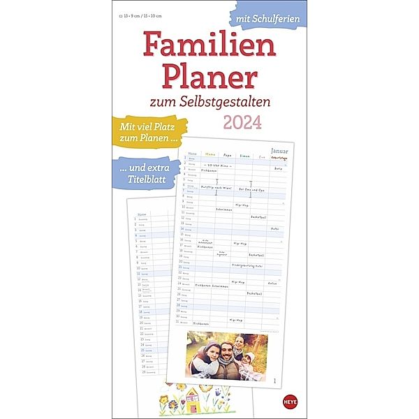 Familienplaner 2024 zum Selbstgestalten. Blanko-Kalender zum Basteln mit extra Titelblatt für eine persönliche Gestaltung und viel Platz für Notizen. Familien-Kalender 2024. 21 x 45 cm.