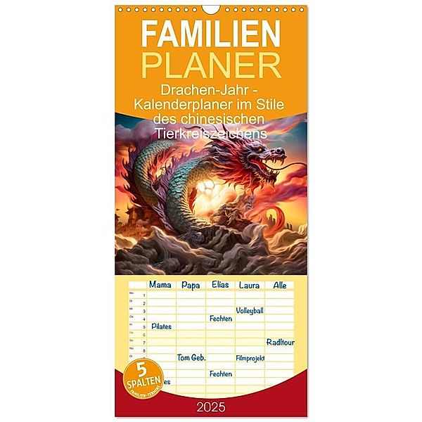 Familienplaner 2025 - Drachen-Jahr - Kalenderplaner im Stile des chinesischen Tierkreiszeichens mit 5 Spalten (Wandkalender, 21 x 45 cm) CALVENDO, Calvendo, Anja Frost